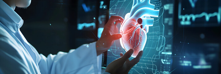 doctor examine patient heart functions and blood vessel on virtual interface. Medical technology and healthcare treatment to diagnose heart disorder and cardiovascular disease - obrazy, fototapety, plakaty