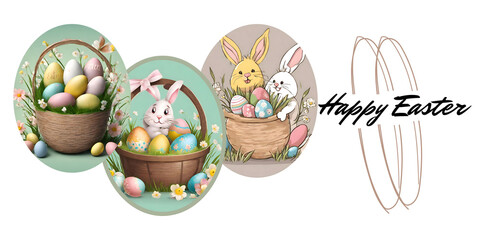 Festive Easter Greeting Card with Bunnies and Eggs, easter basket with eggs and flowers