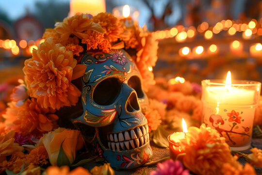 A colorful and vibrant image of Mexico's Dia de los Muertos festival, celebrating the tradition and culture with cheerful decorations, traditional costumes, and offerings.