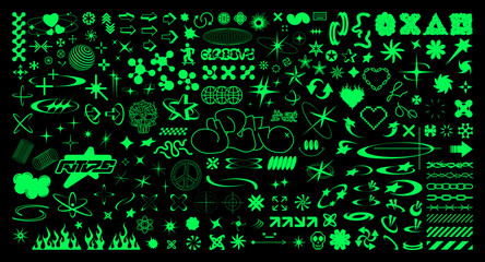 Y2K retrofuturistic graphic box. Acid stylish icons and abstract elements, stickers, bold and interesting shapes from 00s, 90s, 80. Y2K vaporwave, synthwave retro futuristic icons, 3D elements. Vector