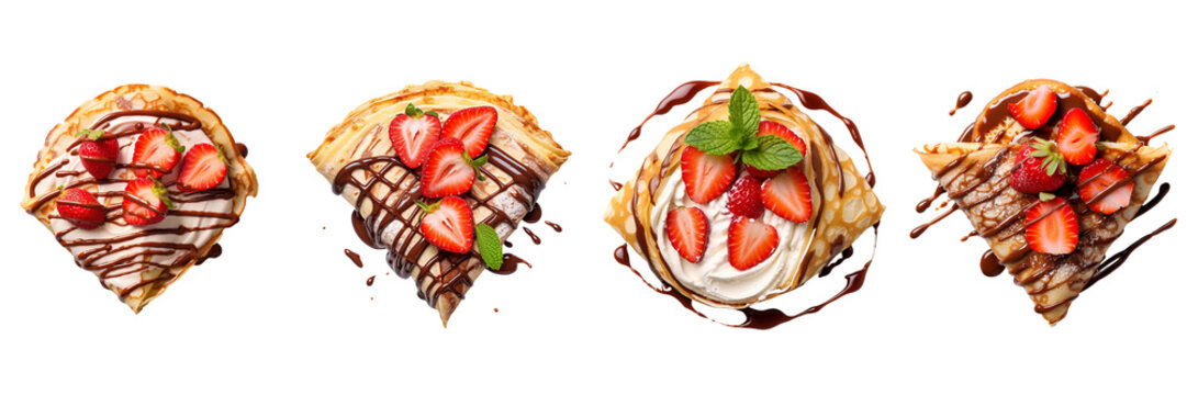 Set of a plate of A scoop of ice cream with chocolate on a Transparent Background - Set of a appetizing photo of delicious triangle crepe, filling Nutella, fresh strawberry inside, top view pot on a T
