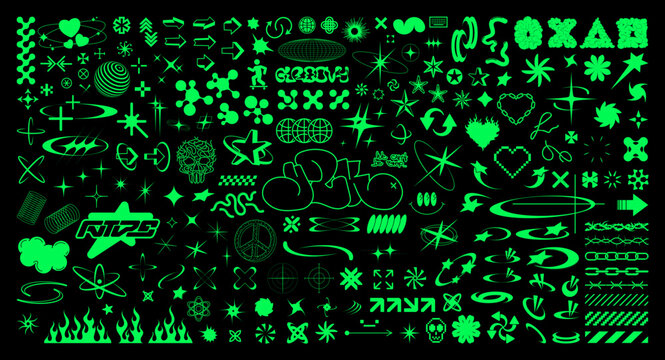 Y2K retrofuturistic graphic box. Acid stylish icons and abstract elements, stickers, bold and interesting shapes from 00s, 90s, 80. Y2K vaporwave, synthwave retro futuristic icons, 3D elements. Vector