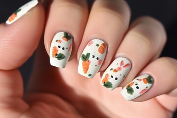 nails adorned with tiny painted bunnies and carrots - obrazy, fototapety, plakaty