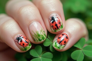 hand with a ladybug painted on the thumb nail over clover