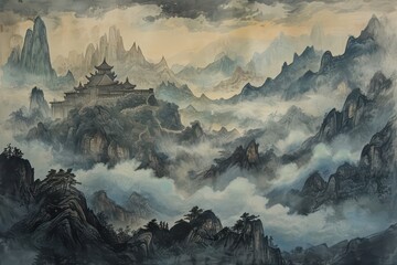 painting in china about an asia city - obrazy, fototapety, plakaty
