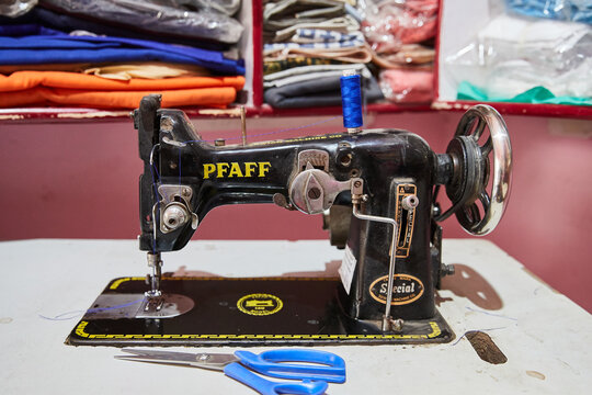 Delhi, India - old Pfaff sewing machine in a shop for turban fabric