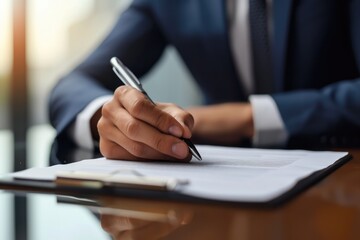 Close-up of businessman in office presenting ballpen and contract. 