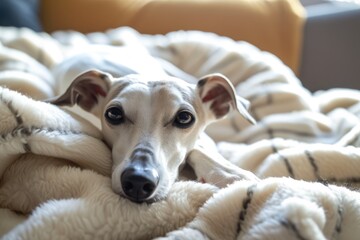 Cute greyhound lying on his comfy bed looking at the camera 