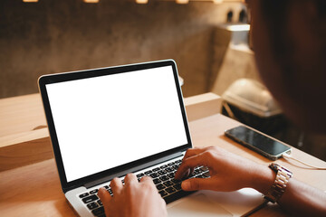 A white blank screen for hand typing text,using laptop computer contact business searching...