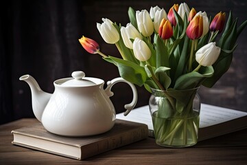A white teapot, a cup of tea, a notebook, and a bouquet of tulips are all present on a wooden table