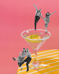 Elegant, positive young couple, man and woman in retro clothes dancing near martini cocktail against pink background. Contemporary artwork. Concept of party, alcohol drinks, celebration, retro style
