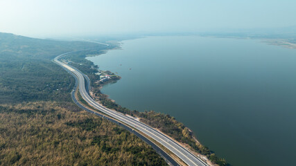 aerial view of expressway along  Lam Ta Khong Dam.