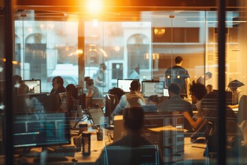 Large group of computer programmers working in the office. The view is through glass. 