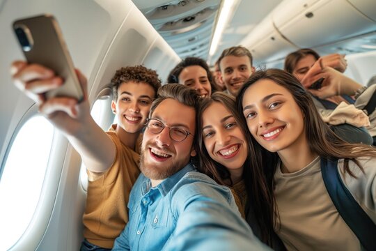Happy group of friends traveling by plane and taking a selfie with a cell phone while smiling - travel concepts 