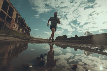 Low angle view of bearded Caucasian man in mid 50s running alone through abandoned construction site. - Powered by Adobe