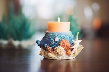 sea-themed candle holder with a white tealight - obrazy, fototapety, plakaty