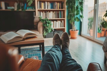 Man relaxing, reading book with feet up in living room 