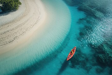 Man relaxing on a sandbar with kayak, aerial view, Philippines.  - Powered by Adobe