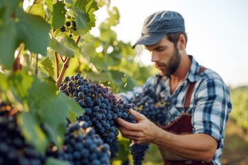 Man standing in a vineyard, harvesting bunches of black grapes. 