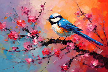 Bird on a Tree in Spring. Painting on Canvas.