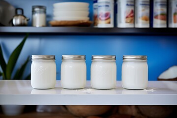 Fototapeta na wymiar several cans of coconut milk on a kitchen shelf
