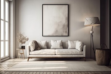 White sofa, floor lamp, coffee table, and empty poster frame in light contemporary living room mockup with wooden floor and artistic plaster wall