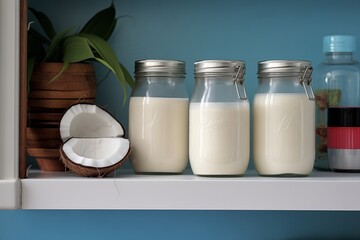 several cans of coconut milk on a kitchen shelf