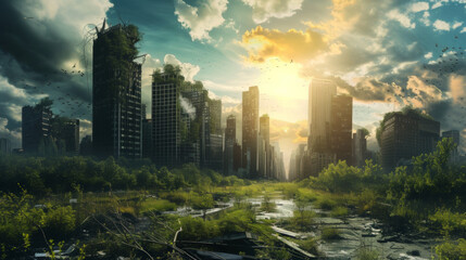Naklejka premium The state of cities that became deserted after the end of the human era.