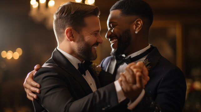 Close-up of a happy newlyweds, a multiracial gay couple dancing at a wedding celebration.
