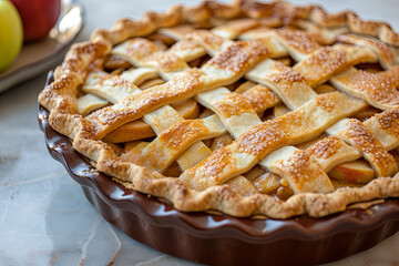 Obraz na płótnie Canvas Home-baked lattice apple pie, in a brown ceramic pie plate, ready to serve