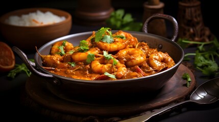 Indian cuisine: Prawns masala or Kolambi che Kalvan in Marathi. Chingri fry. Maharashtrian Prawns curry. Copy space.
