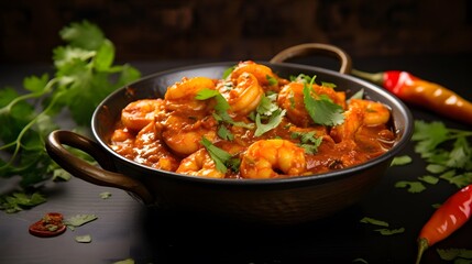 Indian cuisine: Prawns masala or Kolambi che Kalvan in Marathi. Chingri fry. Maharashtrian Prawns curry. Copy space.
