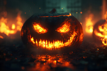 A 3D-rendered image featuring the spooky atmosphere of Halloween, with the glowing eyes of jack o' lanterns and a background of October 31st.