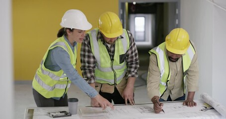 Construction, team collaboration and blueprint for architecture, building proposal or development logistics. Group, engineering or floor plan for industrial design, maintenance or property management