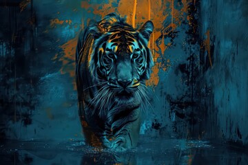 tiger walking in the city with cities behind him - obrazy, fototapety, plakaty