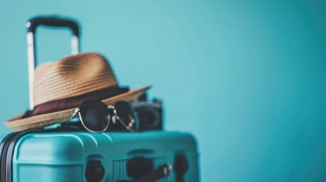 baggage travel. Blue suitcase with travel accessories such as sunglasses, hat and camera on light blue background.