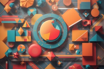 "Back-to-school dynamism: Colorful geometric shapes and subject symbols create a vibrant scene, enhanced by Generative AI for a lively academic background."