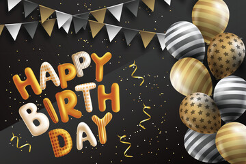 happy birthday Vector  illustration with 3d  golden and silver air balloon on white background with text and glitter