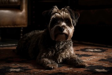 Dark brown dog portrait on a soft carpet. furniture with a dark design is in the backdrop