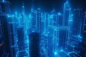 Fototapeta na wymiar neon light blue virtual cityscape