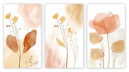 Set of abstract watercolor art background vector. leavesand botanical line art wallpaper. Luxury cover design with text, golden texture and brush style. floral art for wall decoration and prints.