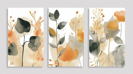 Set of abstract watercolor art background vector. leavesand botanical line art wallpaper. Luxury cover design with text, golden texture and brush style. floral art for wall decoration and prints.