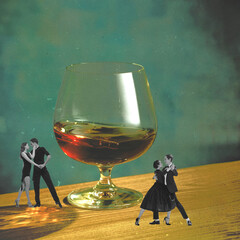 Valentine's Day event, performance. Stylish young couple dancing tango against giant glass with...