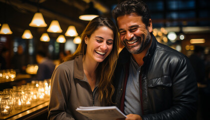 Young couple sitting in a coffee shop, smiling generated by AI