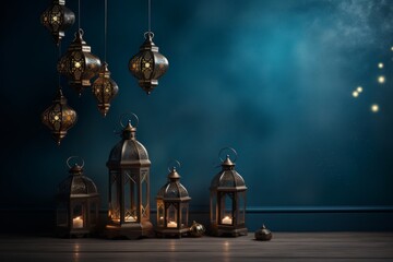 Fototapeta premium Crescent moon realistic eid mubarak. eid mubarak background with moon, stars, lanterns