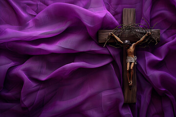 High-angle shot of a wooden christian cross and the crown of thorns of Jesus Christ on a purple...