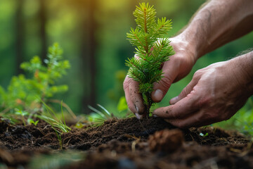 Close up of mens hand planting tree to help increase oxygen in the air and reduce global warming. Hope for a greener, better future for our environment