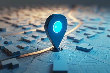 Fototapeta premium A dark blue location indicator on city map in 3D rendering. City map with a blue GPS location icon determining the exact meeting point.