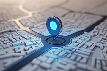 A dark blue location indicator on city map in 3D rendering. City map with a blue GPS location icon determining the exact meeting point.