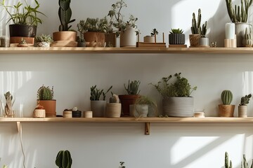 Interior of a Scandinavian room with hipster pots on a brown shelf and a composition of plants, cactus, and succulents. blank walls. Modern and floral home garden design. love of nature